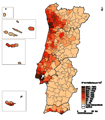 Karte der Bevölkerungsdichte in Portugal
