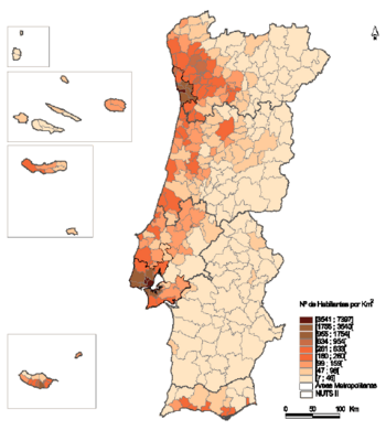 Karte der Bevölkerungsdichte in Portugal