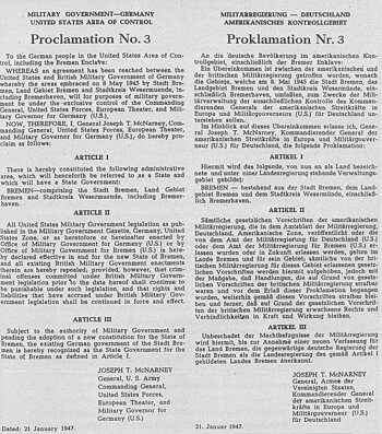 Proklamation Nr. 3 von 1947: Neugründung des Landes Bremen