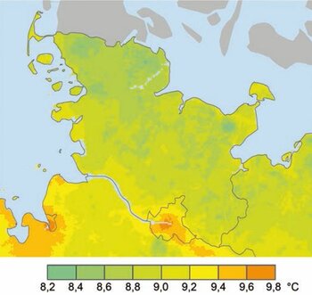 Klima: Jahresmitteltemperatur in Schleswig-Holstein