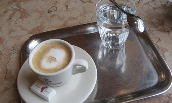 Österreich, Kaffee: "Kleiner Brauner" auf dem typischen Serviertablett in einem Wiener Kaffeehaus
