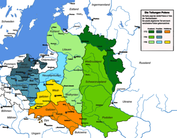 Polen in den Grenzen von 1772 und spätere Teilungen in den Jahren 1772, 1793, 1795