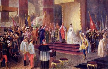 Gemälde der Krönung von Franz Joseph I. und seiner Gemahlin Elisabeth zum Königspaar von Ungarn im Jahr 1867