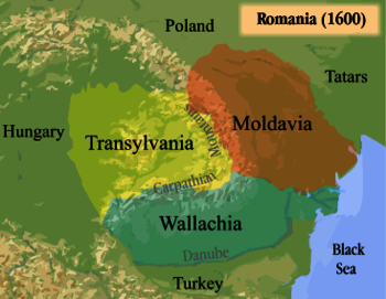 Die drei Fürstentümer wurden durch die Karpaten geteilt: Moldau (rot), Walachei (blau), Siebenbürgen (gelb)