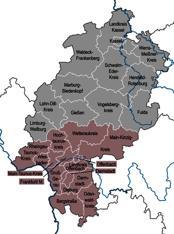 Karte, Landkreise und Städte Regierungsbezirk Darmstadt
