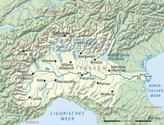Lage und Einzugsgebiet des Flusses Po in Italien