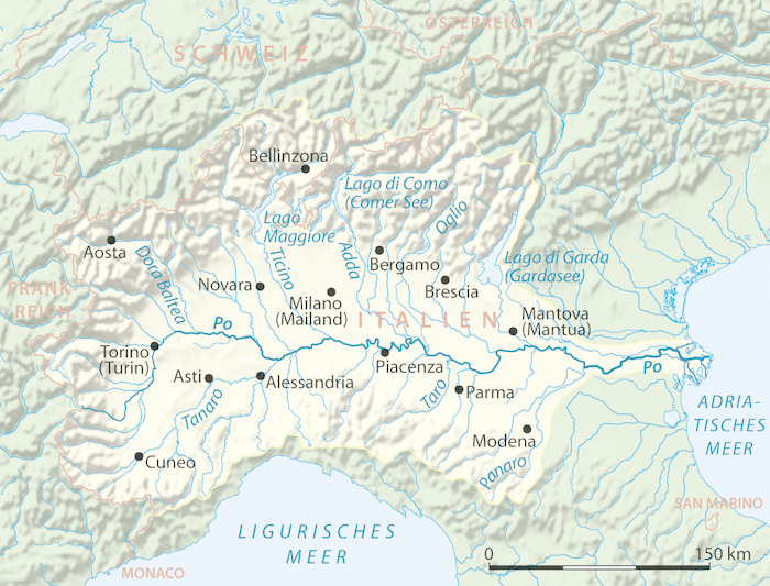 Lage und Einzugsgebiet des Flusses Po in Italien