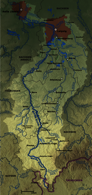 Auf dieser Karte kannst du gut erkennen, wo die Weiße Elster verläuft. Erkennst du, wo der Fluss von Sachsen nach Thüringen verläuft?