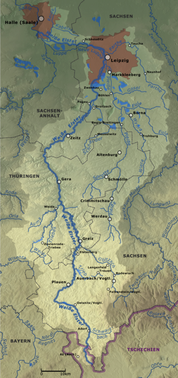 Auf dieser Karte kannst du gut erkennen, wo die Weiße Elster verläuft. Erkennst du, wo der Fluss von Sachsen nach Thüringen verläuft?