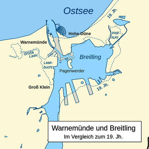 Warnemünde und der Breitling heute im Vergleich zum 19. Jahrhundert