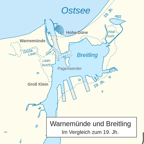 Warnemünde und der Breitling heute im Vergleich zum 19. Jahrhundert