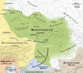Ungefähre Grenzen Mährens und abhängiger Gebiete unter Fürst Svatopluk I.
