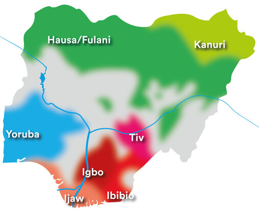 Karte mit den Regionen der 8 größten Völker Nigerias