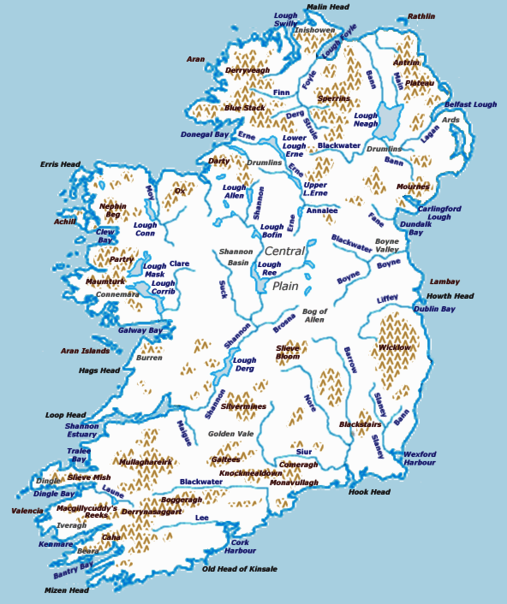 Karte mit Bergen und Flüssen in Irland
