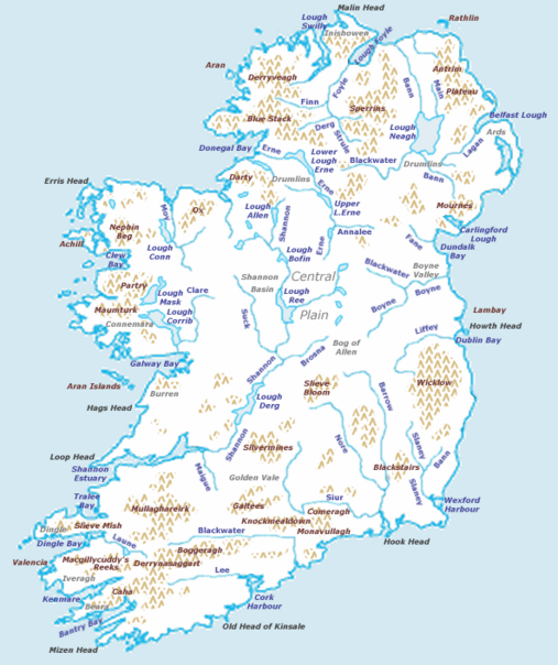 Karte mit Bergen und Flüssen in Irland