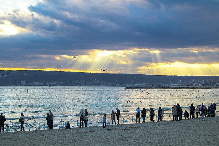 Leute am Schwarzen Meer beim Sonnenuntergang