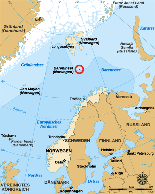 Karte der Lage von Bäreninsel und Svalbard