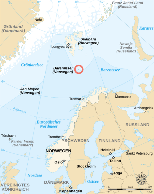 Karte der Lage von Bäreninsel und Svalbard