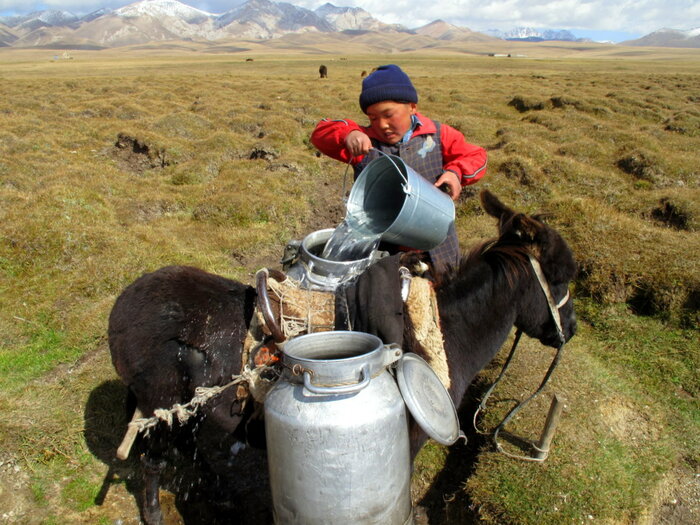 Schafhirte in Kirgisistan beim Wasserholen
