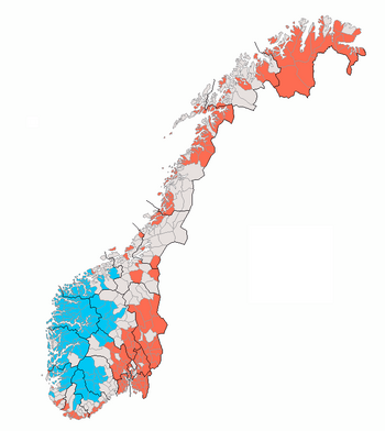 Karte der Verteilung der Standardschriftsprachen in Norwegen