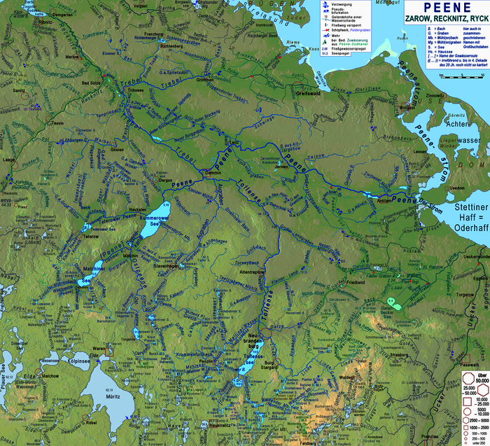 Karte der Flusssysteme von Peene, Zarow, Recknitz und Ryck