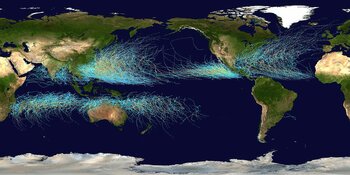Karte des Verlaufs aller Hurrikane zwischen 1985 und 2005