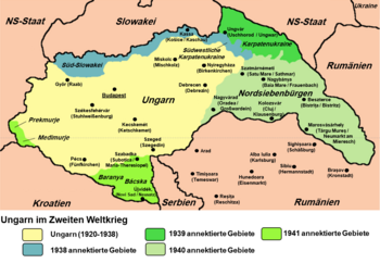 Karte der von Ungarn im Zweiten Weltkrieg annektierten Gebiete 1938-1941