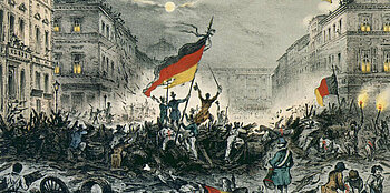 Jubelnde Revolutionäre nach Barrikadenkämpfen am 18. März 1848 in der Breiten Straße in Berlin