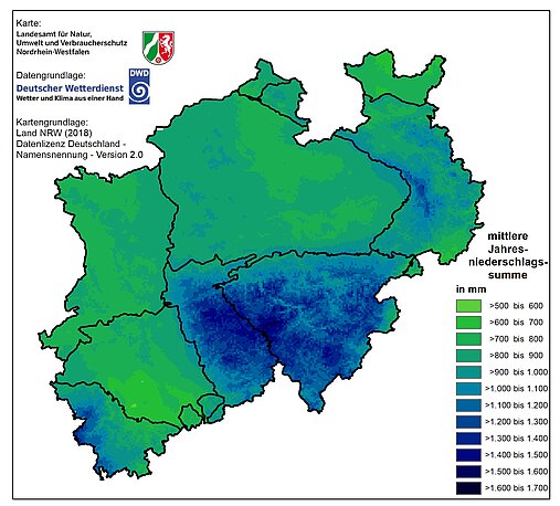 Karte mittlere Jahresniederschlagssumme Nordrhein-Westfalen
